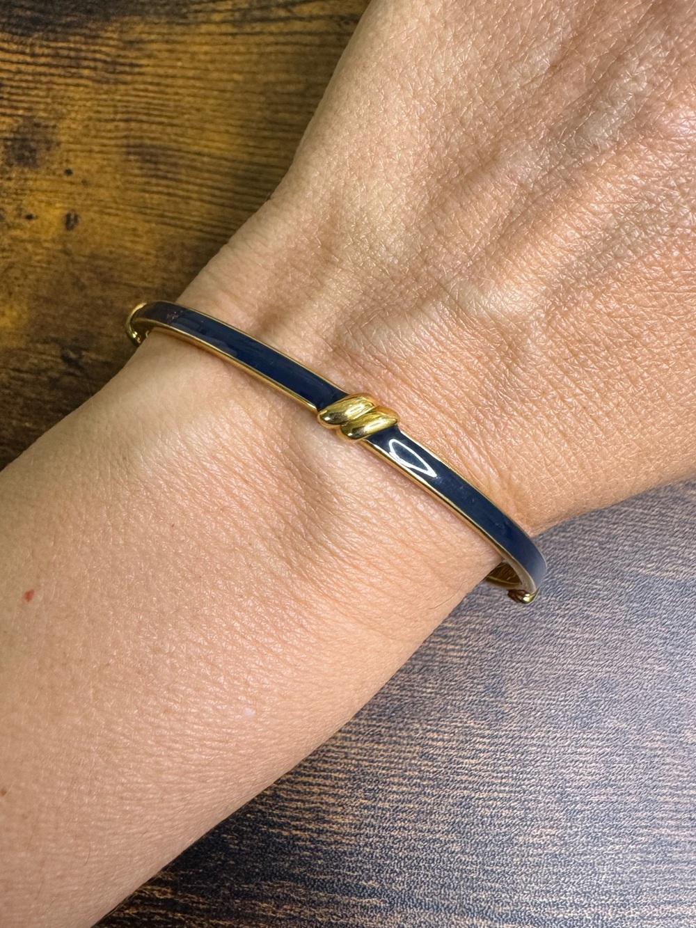 Monet Navy and Gold Plated Enamel Skinny Bangle Bracelet 8.25”